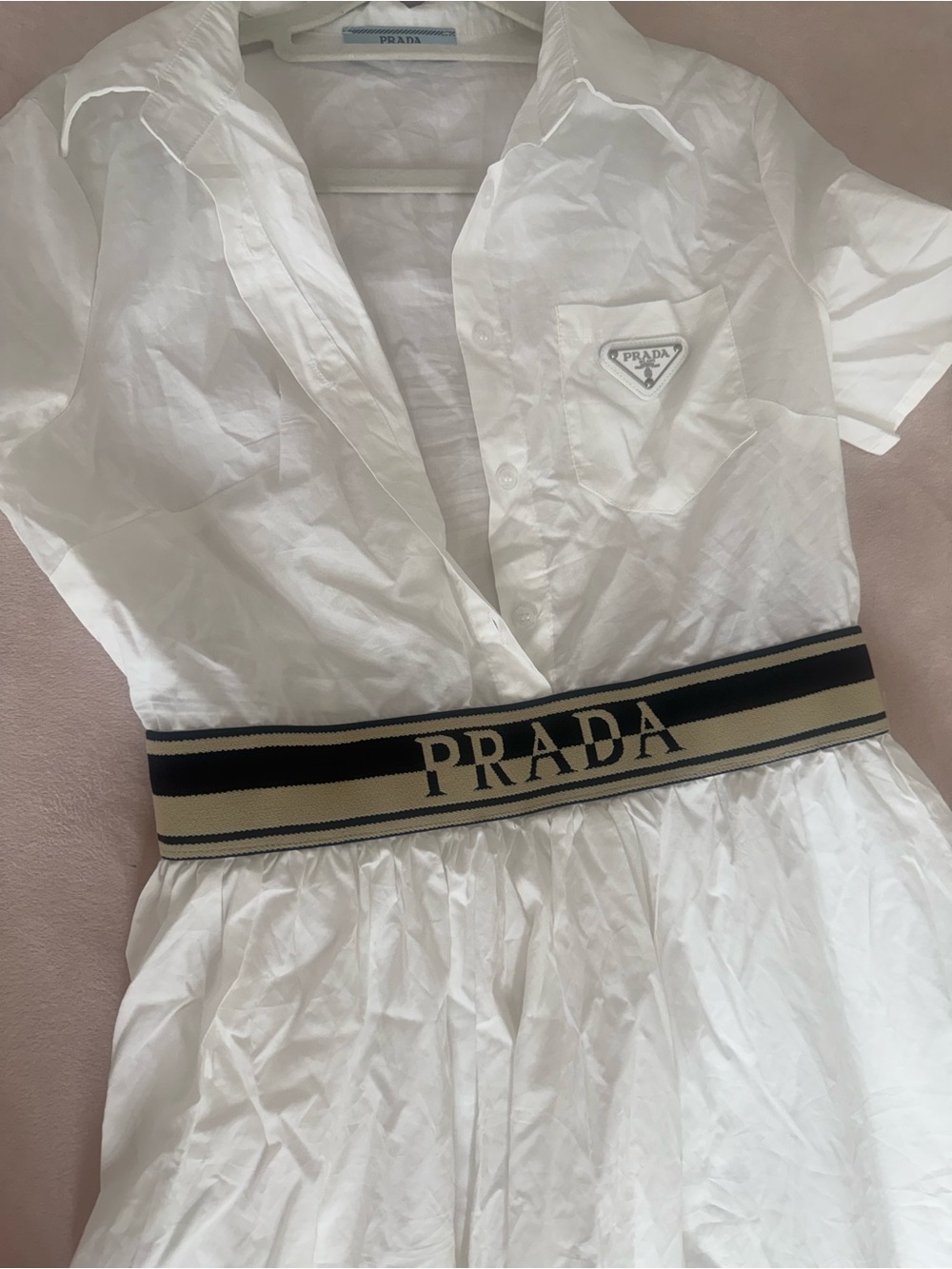 Prada White Midi Shirt Dress with Logo Waistband - Picture 2 of 7